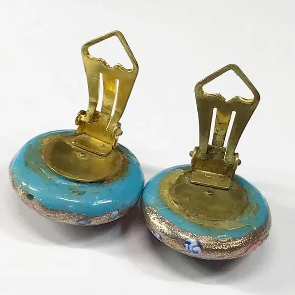 VTG Itlay Venetian Murano Fiorato Lampwork Wedding Cake Button Clip On Earrings - Picture 12 of 12